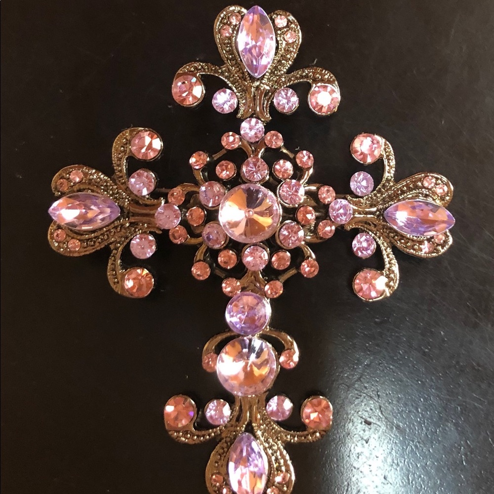 Vtge Pink & Lilac Rhinestone Cross Brooch - Picture 4 of 6